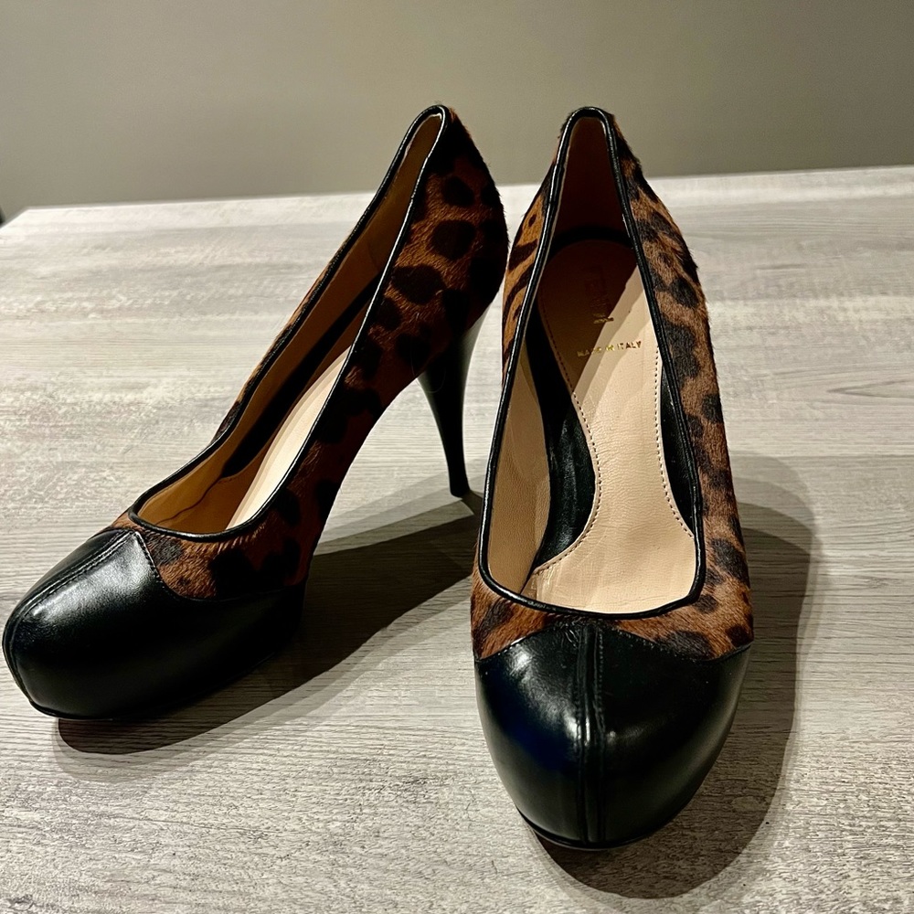 Fendi Black Leather Calf hair Leopard Print Pumps Size 37 *Authentic*